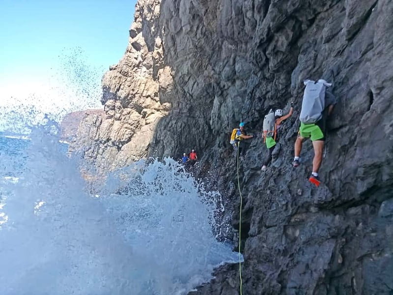 Agaete: Gran Canaria Coasteering. Marine Ferrata and Zipline - Abseiling from the cliff to the coast