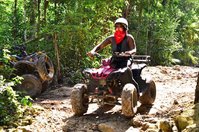 ATV's (shared), Ziplines & Cenote! Half-Day with Transportation from Cancun - Riding shared ATVs through the jungle